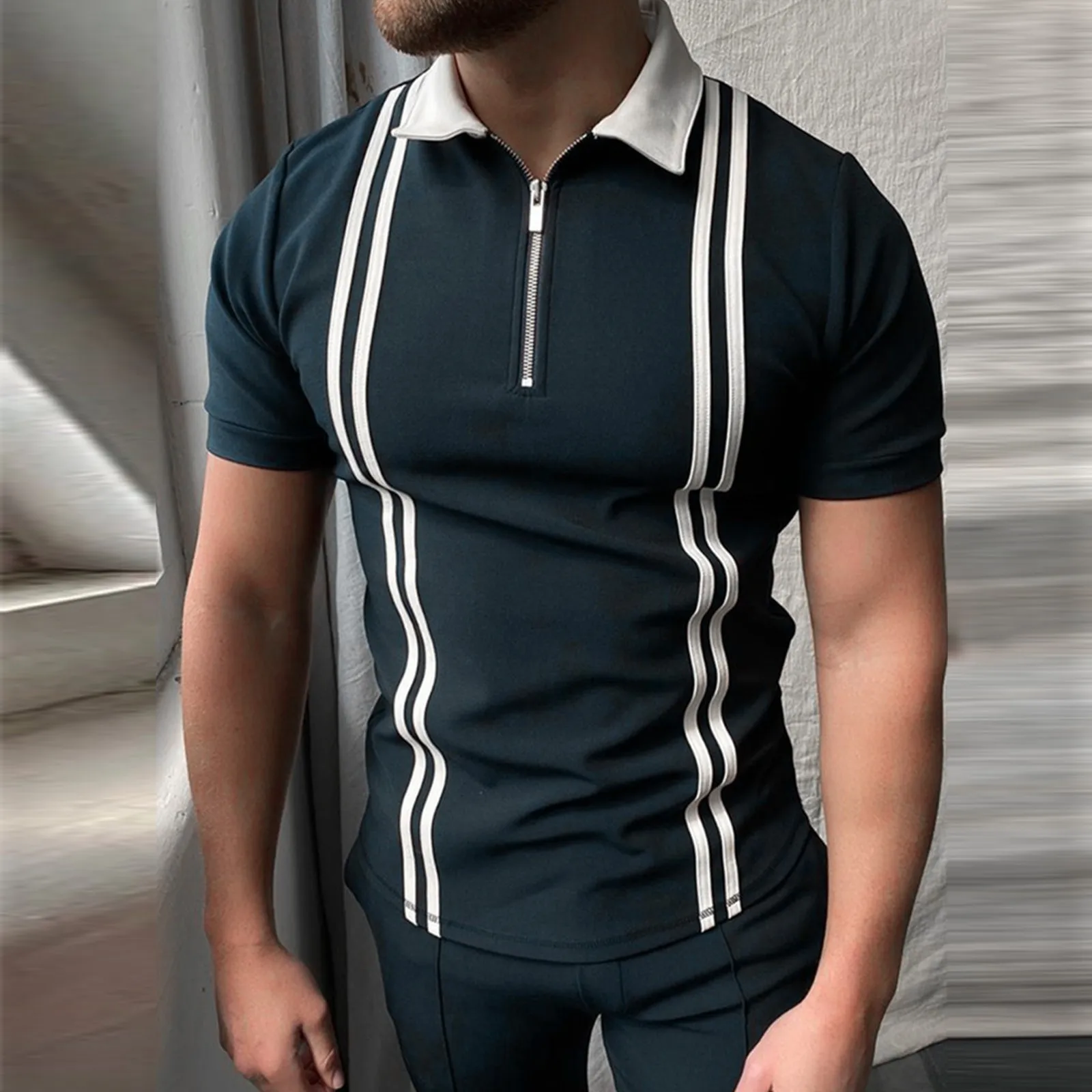 

Men striped printing Casual Fashion Top Shirt Zipper Turn-Down Collar Blouses Patchwork Strip Solid Short Sleeve boy Tops Shirt