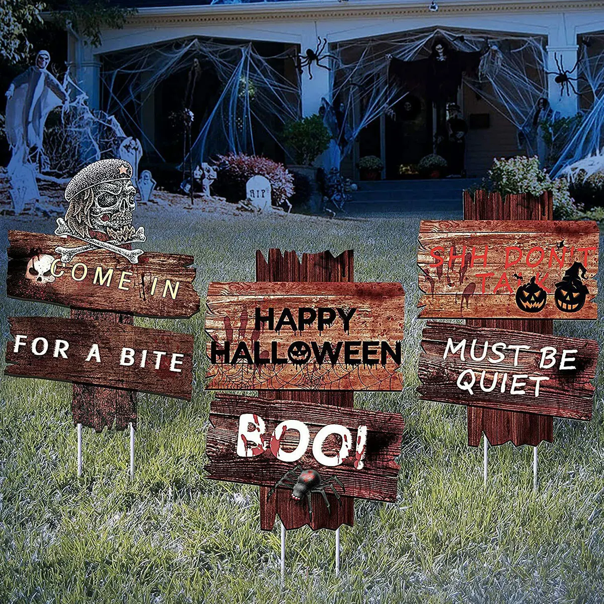 

3Pcs Halloween Decorations Beware Signs Waterproof Outdoor Creepy Assorted Warning Yard Sign Scary Skull Pumpkin Decor Stakes