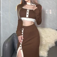 summer and autumn womens fashion solid color single button long sleeve cropped top long dress 2 piece slim fit y2k streetwear