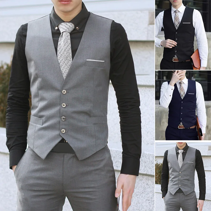 

Fashion Men Vests Waistcoat Solid Color V Neck Sleeveless Buttons Blazer Formal Business Jacket Vests