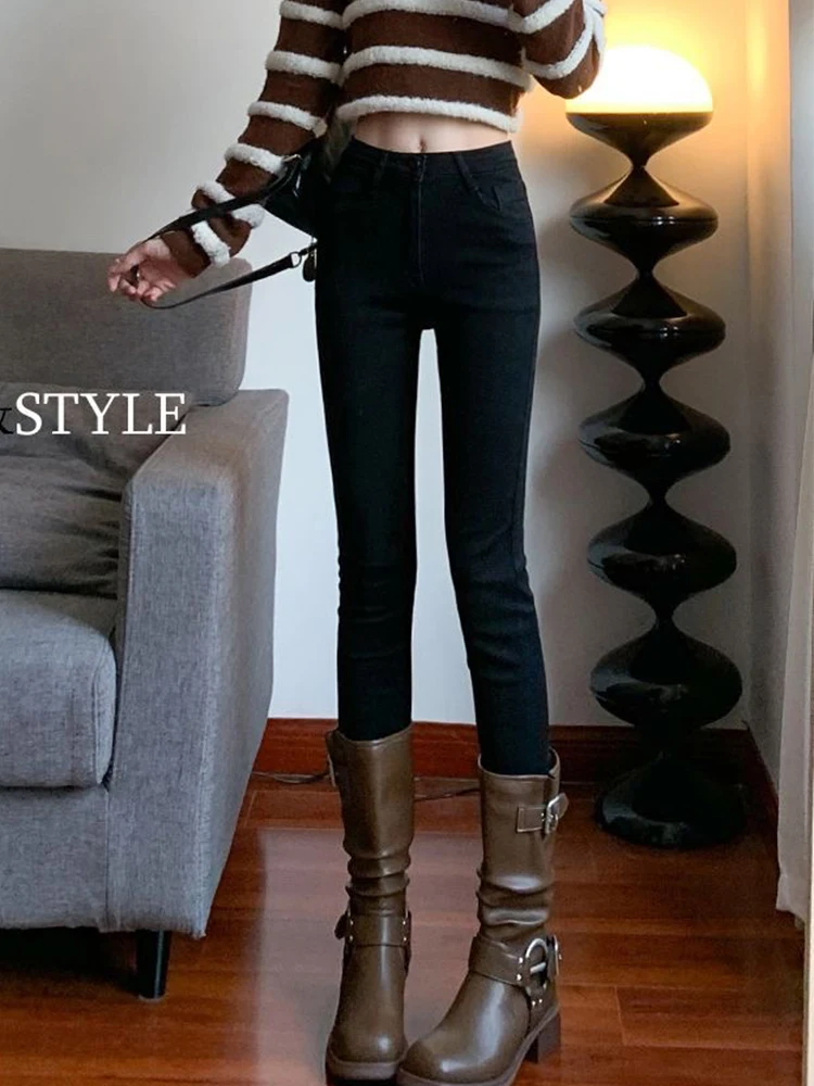 Зимние черные джинсы-карандаш длиной до щиколотки узкие плюшевые бархатные