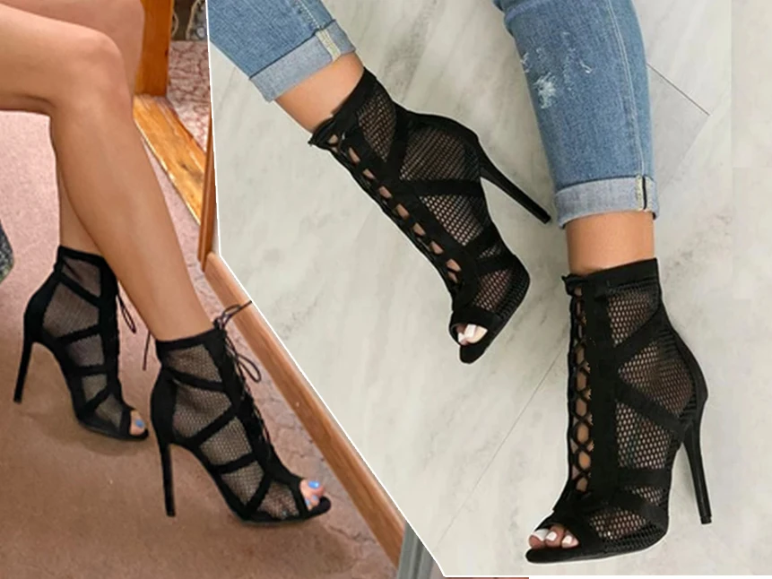 

Aneikeh 2022 Fashion Basic Sandals Boots Women High Heels Pumps Sexy Hollow Out Mesh Lace-Up Cross-tied Boots Party Shoes 35-42