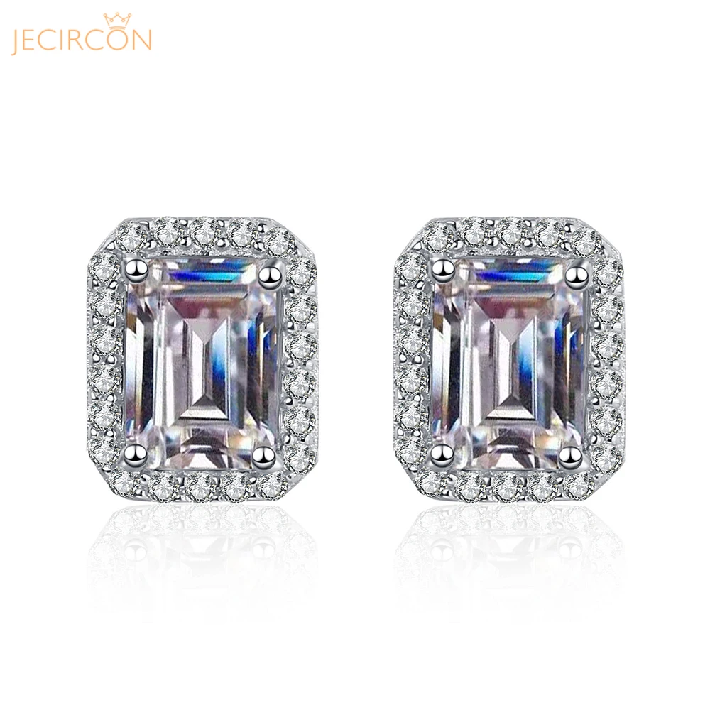 

JECIRCON 925 Sterling Silver Stud Earrings for Women Radiant/Emerald Cut Rectangular Shaped 1/2/4 Carat Moissanite Ear Jewelry