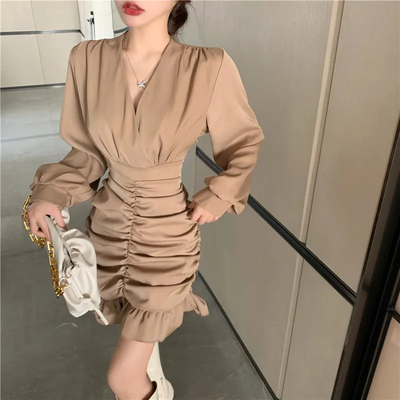 

Платье женское однотонное с V-образным вырезом, французская плиссированная юбка с оборками и поясом, ощущение платья