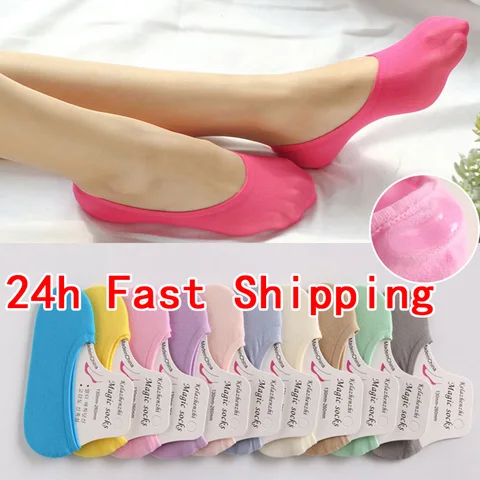 5Pairs Summer Womens Candy Color Boat Socks Adult Child Silicone Invisible Socks Thin Velvet Magic Silk Cute Socks Meias EU25-39
