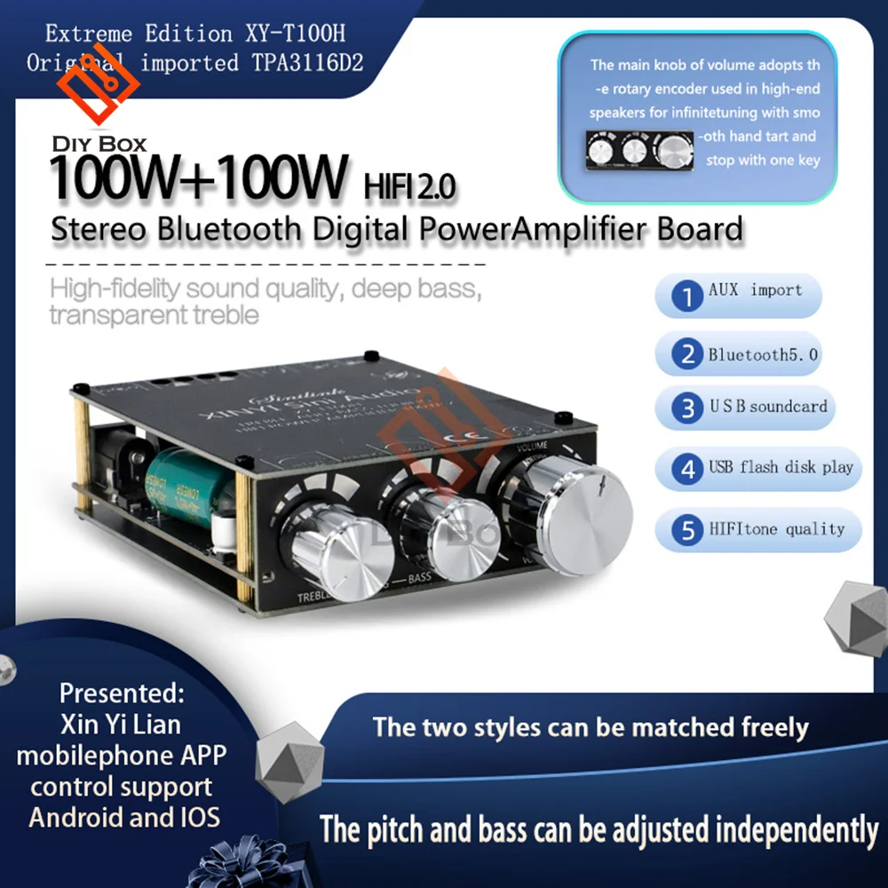 

XY-T100H 100w+100w TPA3116D2 Bluetooth 5.0 Power Audio Amplifier Board Home Theater Amplifiers Stereo Treble And Bass Adjustment