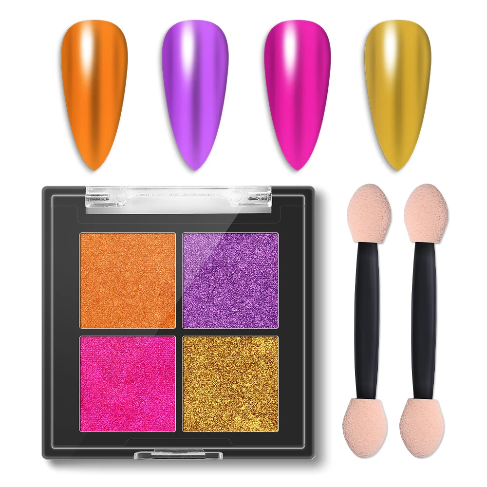 

Modeloens 4Colors Solid Mirror Powder Set with Brush Iridescent Aurora Nail Glitter Powder UV Gel Polish Pigment Dust Decoration
