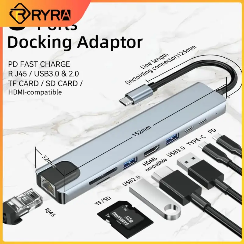 

RYRA 8 In 1 USB C Hub Type-C To 4K -Compatible USB 3.0 RJ45 USB 2.0 SD/TF Card Reader PD Fast Charge Docking Stations For Laptop