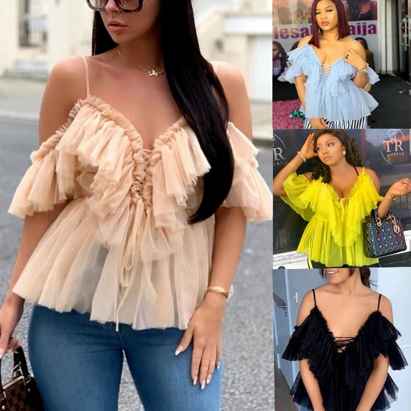 

V-neck Mesh Lace Up Sexy Blouse Summer Women Ruffle Elegant See Through Casual Shirt Long-sleeve Top Clothing Blusa 22340