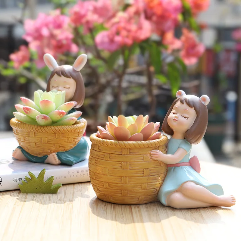 

1pcs Creative Fresh Girl Resin Succulent Potted Flower Pots Home Garden Desktop Decoration Plants Pot (Not Included Plants)
