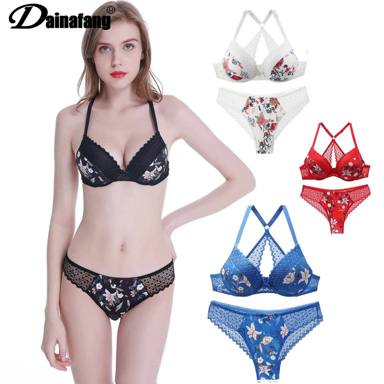

Plus Size Beauty Back Bra Set Print Sexy Women Lace French Lingerie Set sexy bra and panty sets