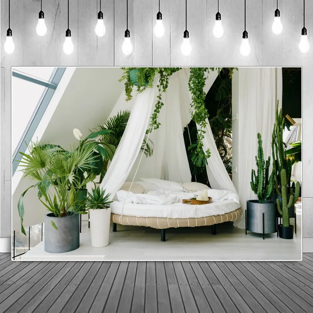 

Round Bedroom Interior Green Plants Party Photo Booth Backdrops Home Studio Pure White Curtain Decoration Photography Background