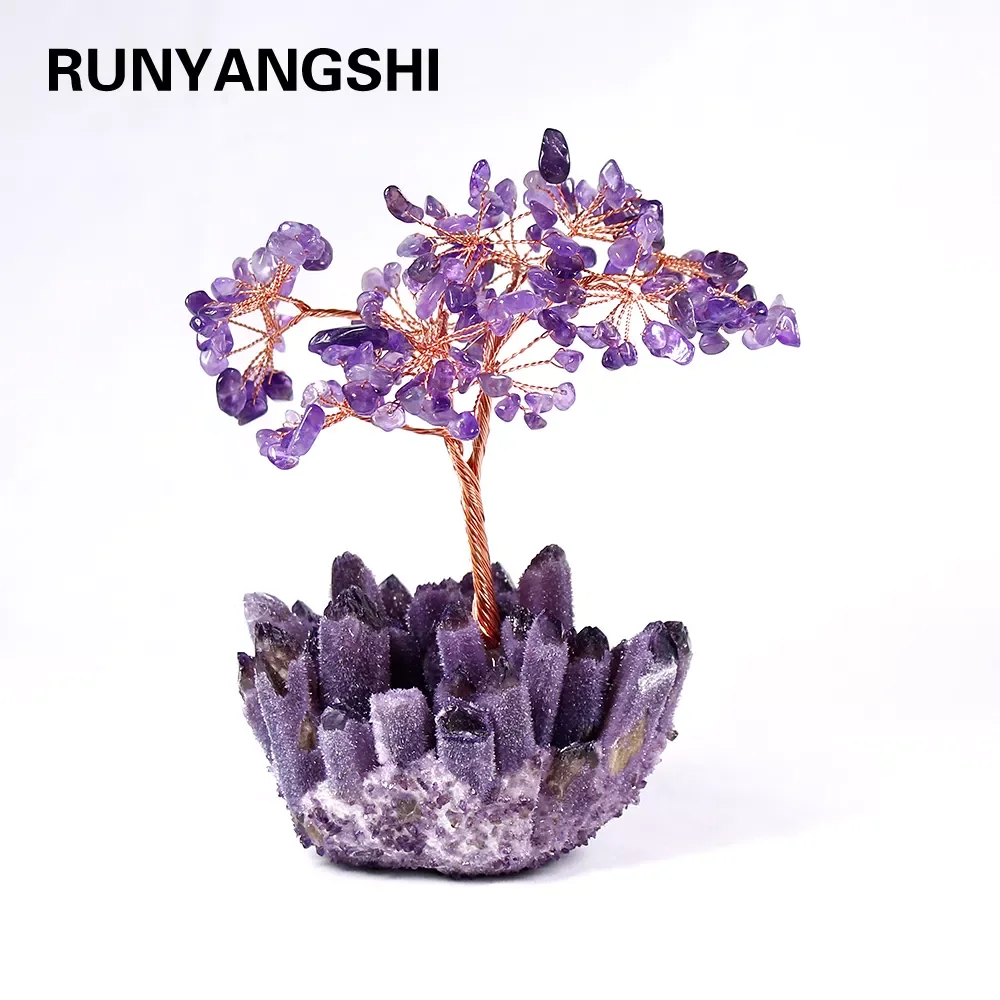 

1PC Crystal Tree Amethyst Quartz Purple Crystal cluster Cluster Base Bonsai Lucky Money Tree Sculpture Home office Decoratio