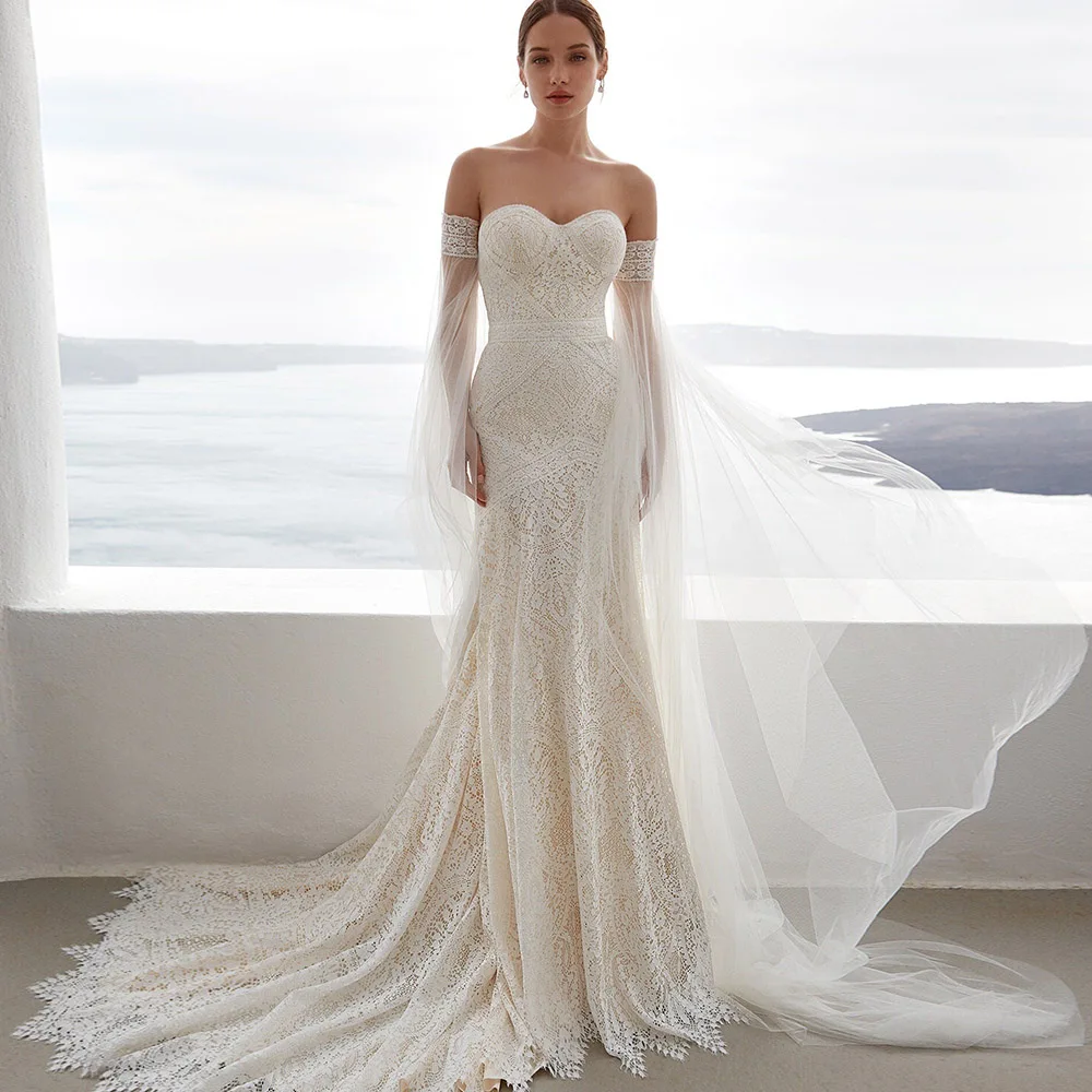 

Lace Wedding Dress For Bride 2022 Sweetheart Long Sleeves Bridal Gowns Boho Mermaid Sweep Train Vestido De Noiva Custom Made