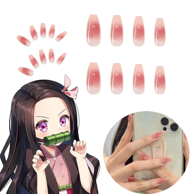 Anime Nail Demon Slayer Cosplay Kimetsu No Yaiba Kamado Nezuko Pink Fake Nail Artificial False Nails Halloween Party Props