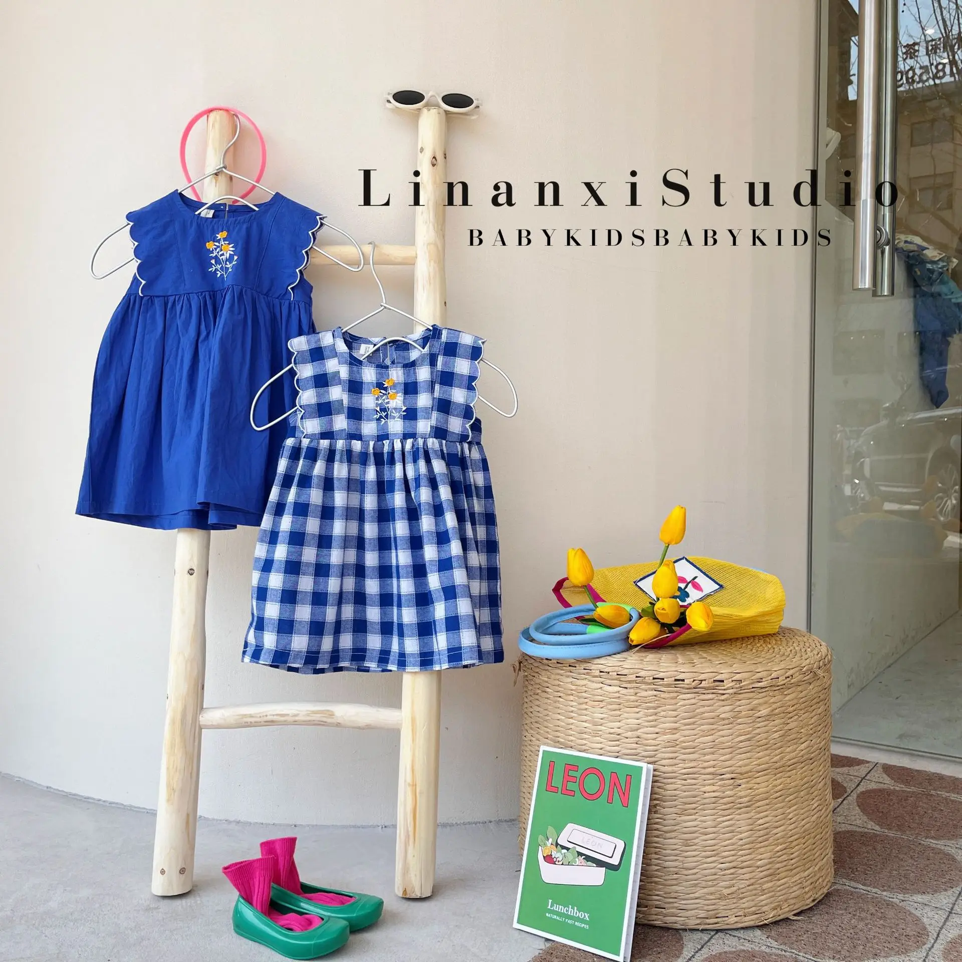 

2022 New Summer Baby Girl Clothes Birthday Princess Blue Plaid Dresses for Baby Girls Fashion Embroidery Design Kids Dress