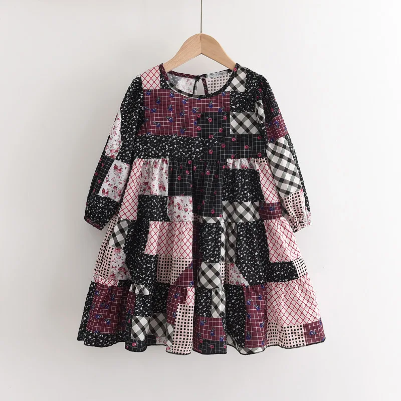 

Fashion Patchwork Kids Dress Spring Autumn Bohemian Casual Dress Lantern Sleeve Girls Dress Children's Clothes