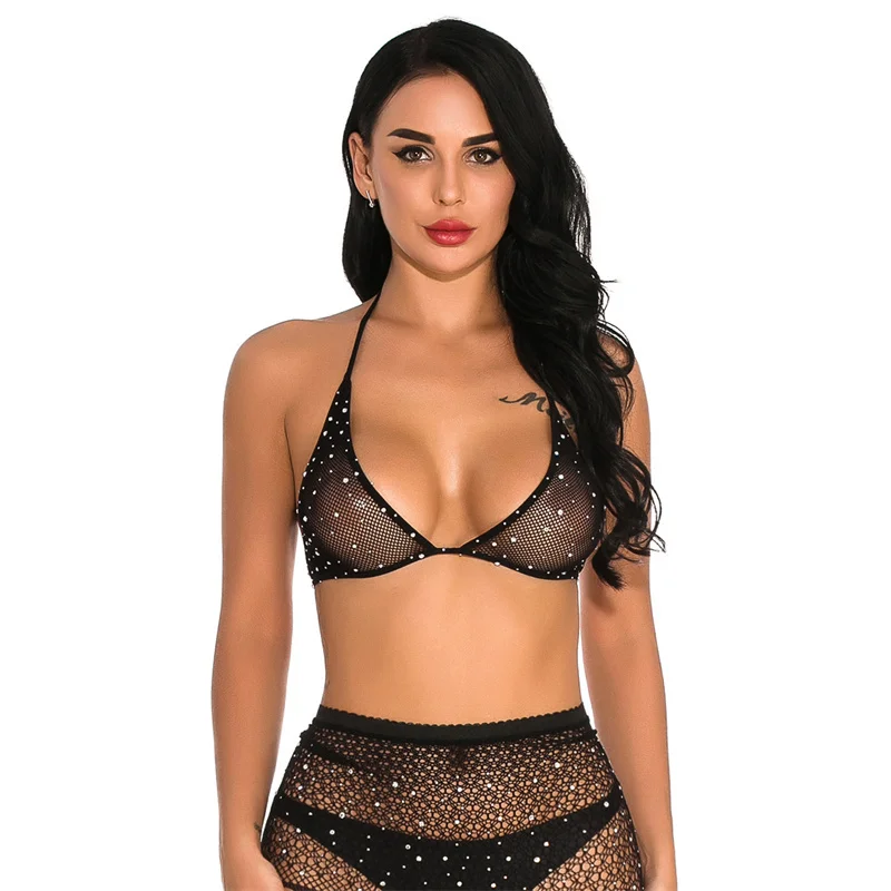 

erotic Halter lingerie bra hot diamond socks sexy underwear four sides open crotch bikini suit mesh bottom pants socks