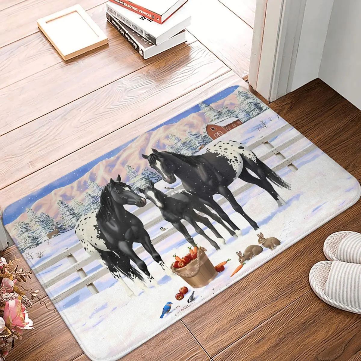 

Bath Mat Black Appaloosa Horses In Snow Doormat Kitchen Carpet Balcony Rug Home Decor