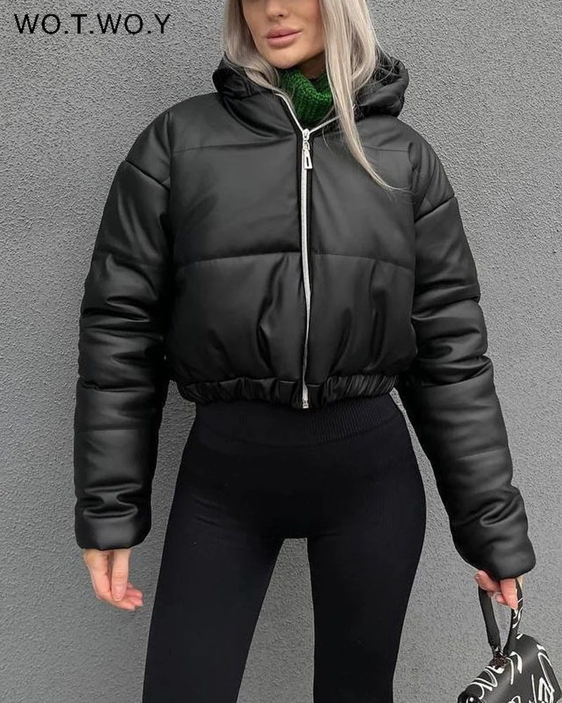 

WOTWOY Autumn Winter Hooded Leather Coats Womens Casual Quilted Cotton-liner Jackets Female Solid Wide-waisted Outerwear 2023