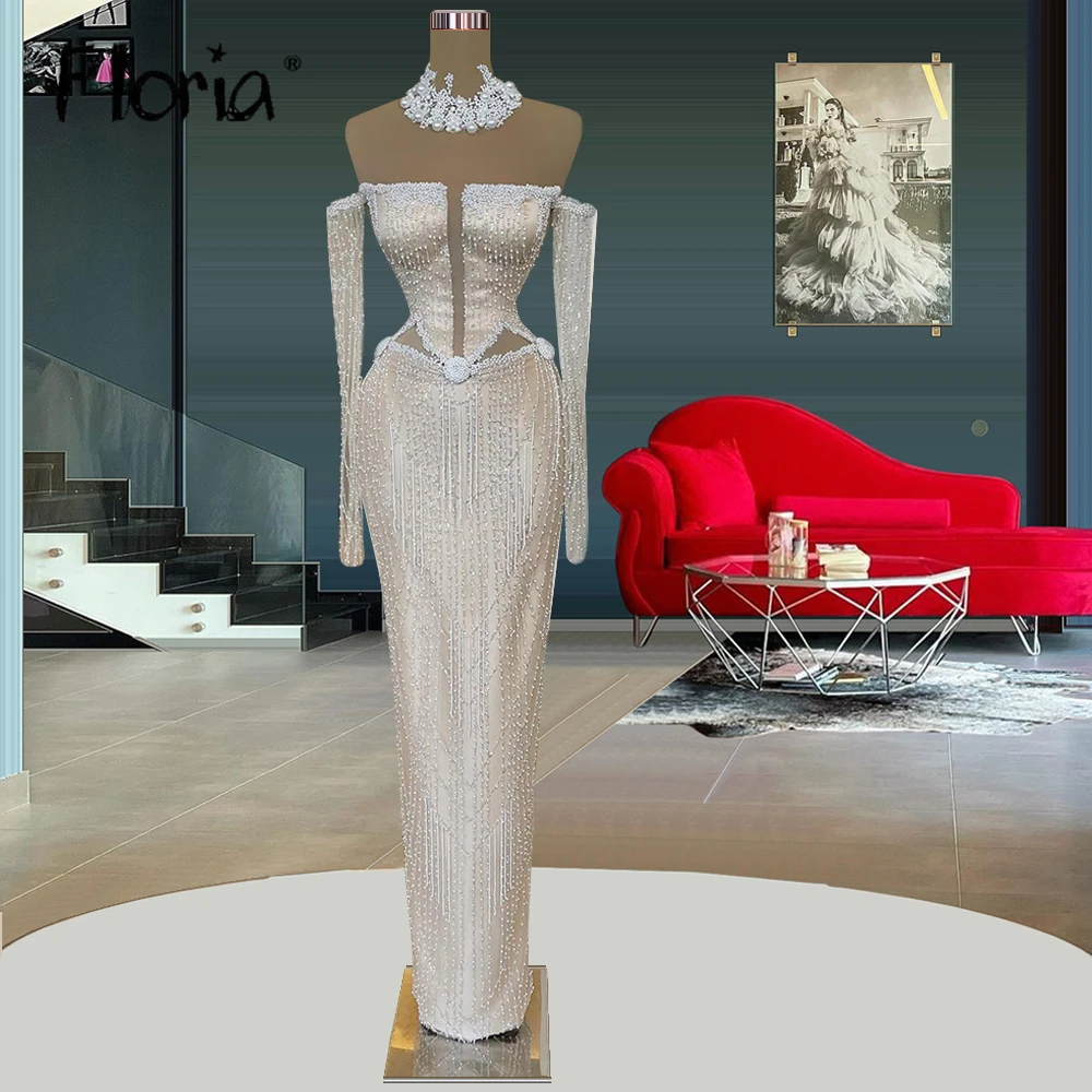 

Off Shouler Beaded Long Evening Dresses Sheer Nude Neck Long Sleeve Celebrity Party Dresses Custom Made Arabic Prom Night Gown