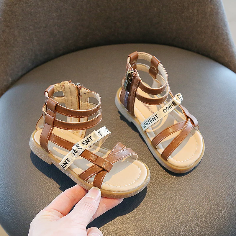 

Summer New Baby Girls' Gladiator Toddler Sandals Roman Princess Beach Shoes Flats Pu Leather Beige Brown Color