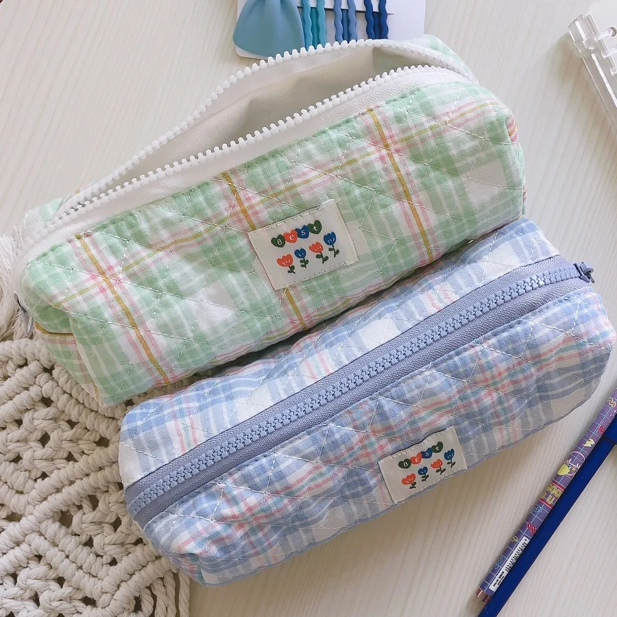 Quilted Cotton Office School Pencil Case Plaid Mini Makeup Bag Small Women Cosmetic Brushes Organizer Pouch Fabric Toiletry Bag