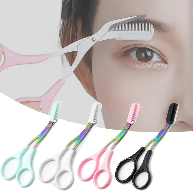 Karsyngirl 2Pcs Eyebrow Trimmer Scissor with Comb Facial Hair Removal Grooming Stainless Color Titanium Removable Makeup Tool