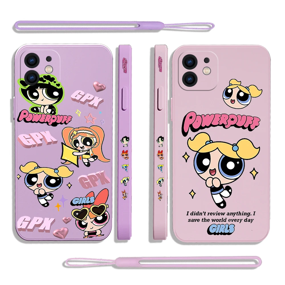 

Thes Powerpuffs Girls Phone Case For iPhone 14 13 12 11 Pro Max Mini X XR XS MAX SE20 8 7 Plus 6S Plus Silicone with Hand Strap