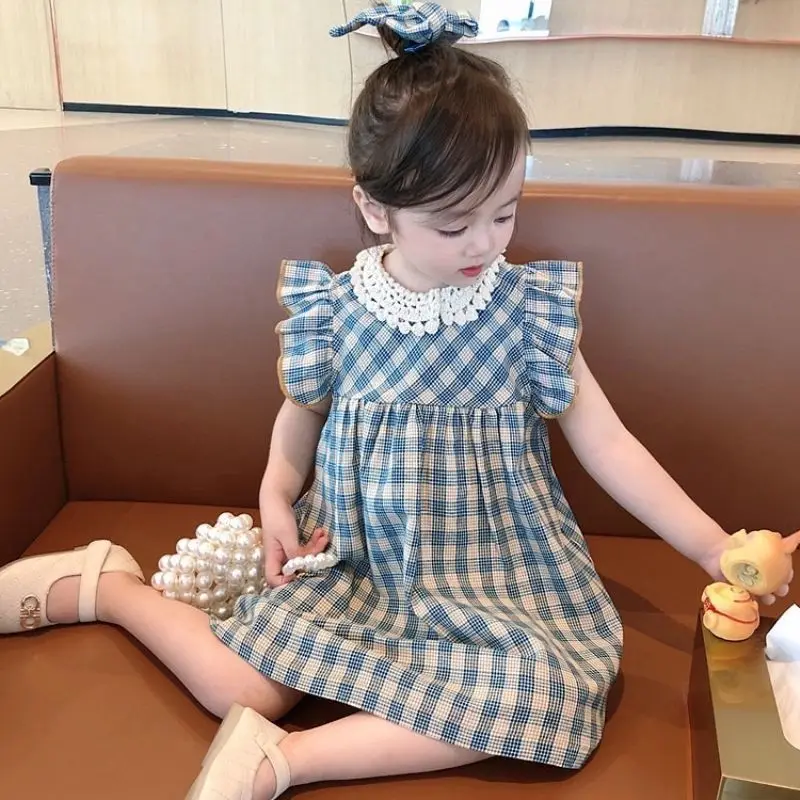

New In Girls Cotton Dress Breathable Fly Sleeved Grids Pattern Summer Dresses for Girl Vestidos Children'S Clothing Kids Clothes