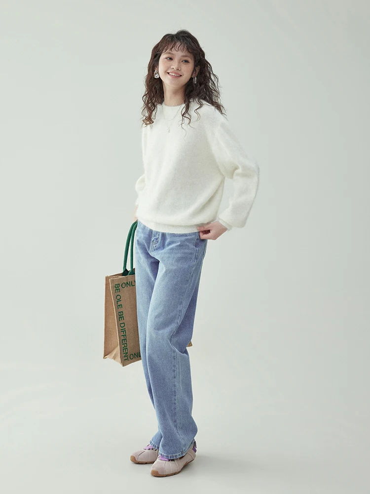 &quotNorth Island Amuu&quot Синий кроличий мех с круглым вырезом Свободный свитер длинными