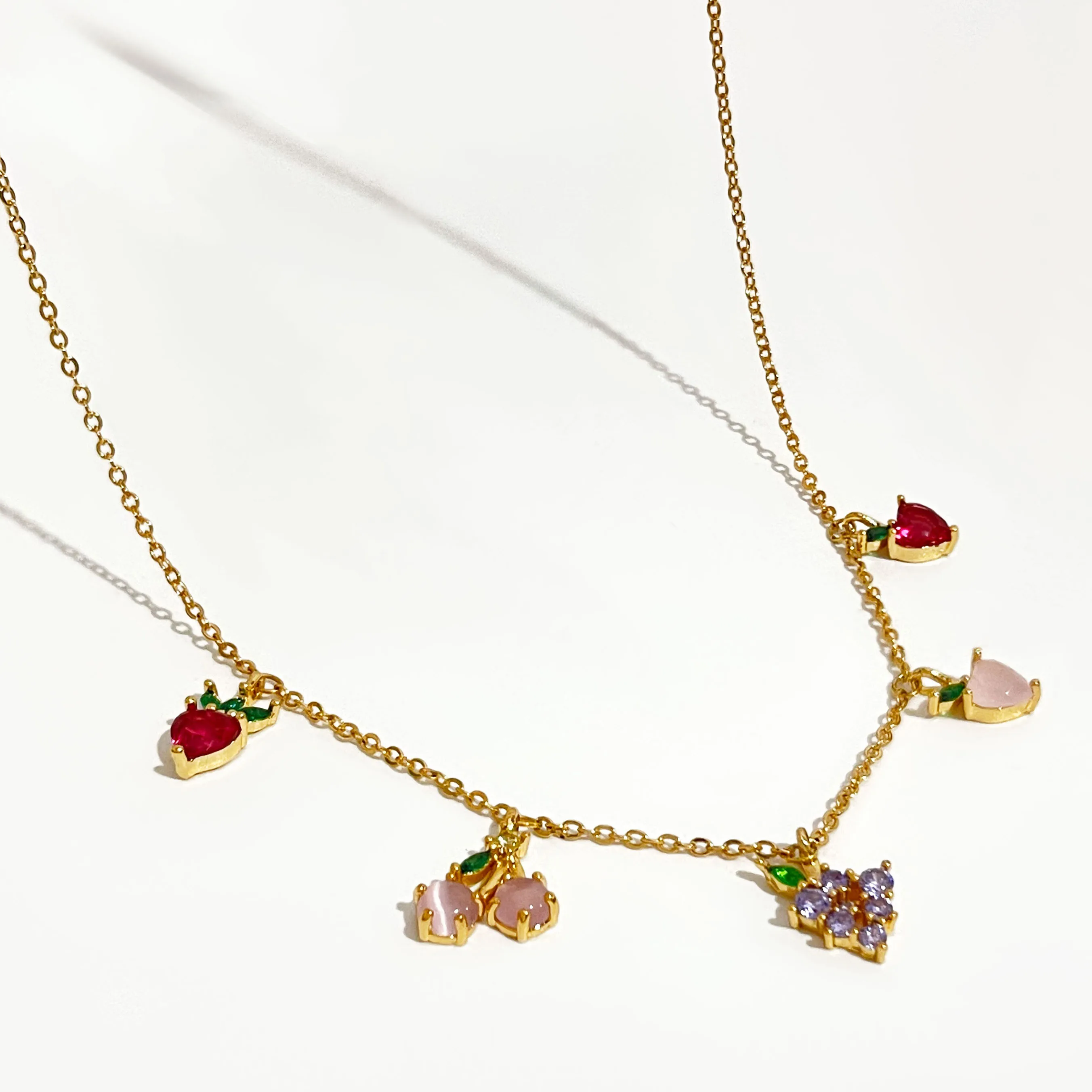 

Peri'sbox Sweet Color Zircon Fruits Charm Necklace For Women Cherry Peach Grape Pendant Thin Link Chain Necklaces