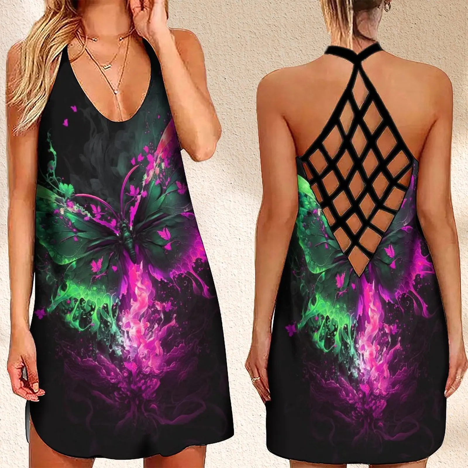 

Женское платье без рукавов, с открытой спиной и принтом