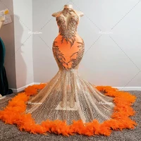 luxury orange mermaid prom dresses for black girls 2022 sparkle sequin evening dress bottom feather aso ebi african party gowns