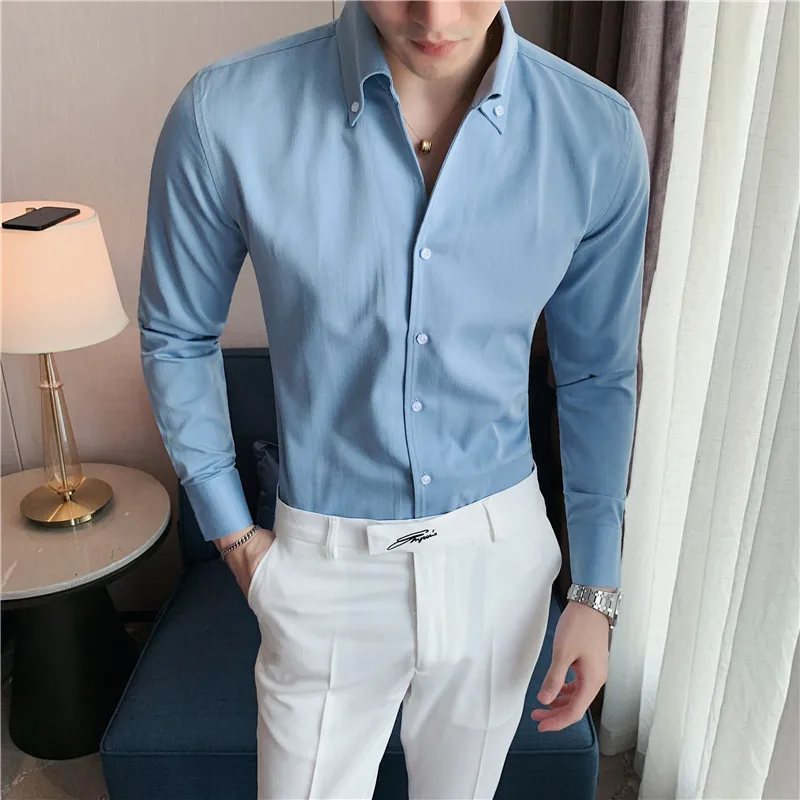 

Handsome V-Neck Long Sleeve Mens Shirts Asian Sizes Button Up Slim Social Chemise Homme Business Club Solid Color Tuxedo Shirt