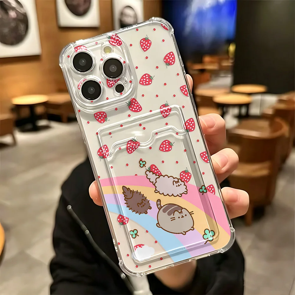 Фото Милый чехол с котиком Пушином и держателем для карт для iPhone 18 17e 17 16e 16 15 14 13 12 11 Mini Pro Max X XR XSMax 7 8 Air Plus, прозрачный чехол. №3