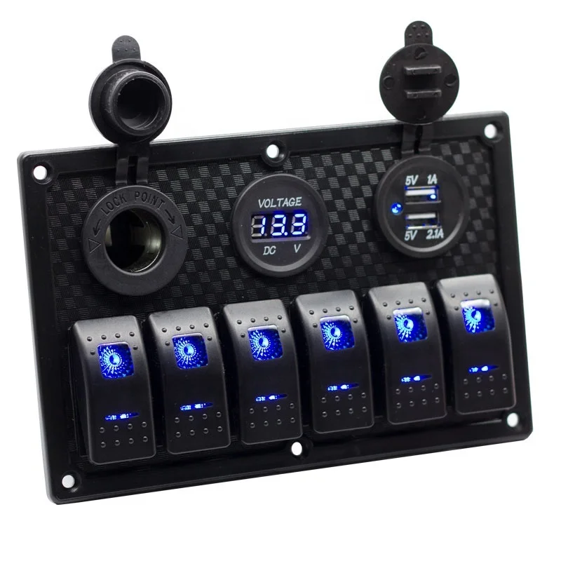 

6 Gang Rocker Switch Panel ON Off LED Light Switch with 3.1A USB Digital Voltmeter Cigarette Lighter Socket