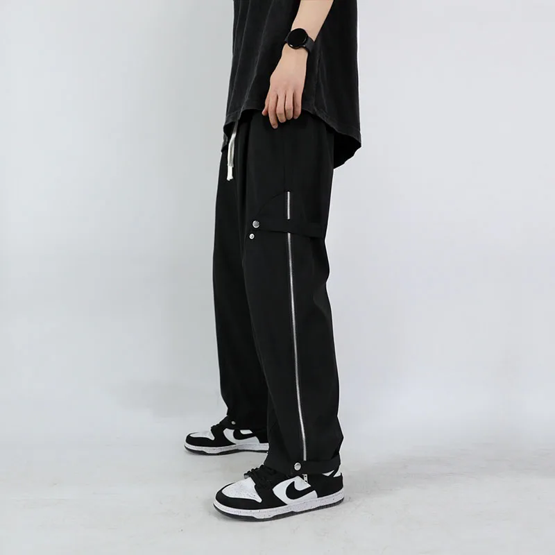

Summer Loose Casual Men Pants Fahion Thin Straight Solid Color Trousers Zipper Drawstring High Street Sports Wide Leg Male Pants