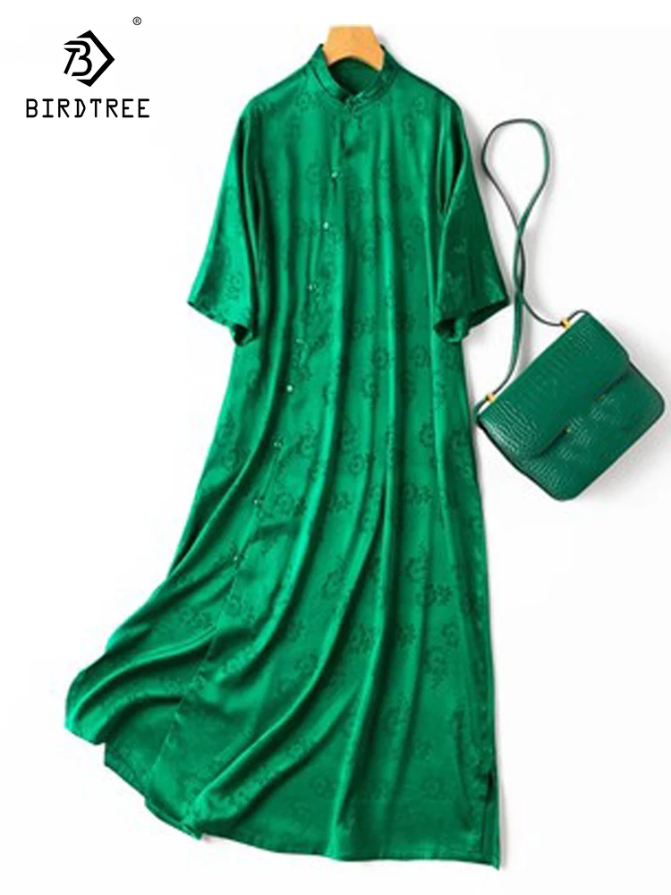 

Birdtree 20 Mm Summer 93% Silk 7% Spandex Dress Elastic Floral Crepe Improved Cheongsam Stand Collar 3/4 Sleeve Dress NewD35848C