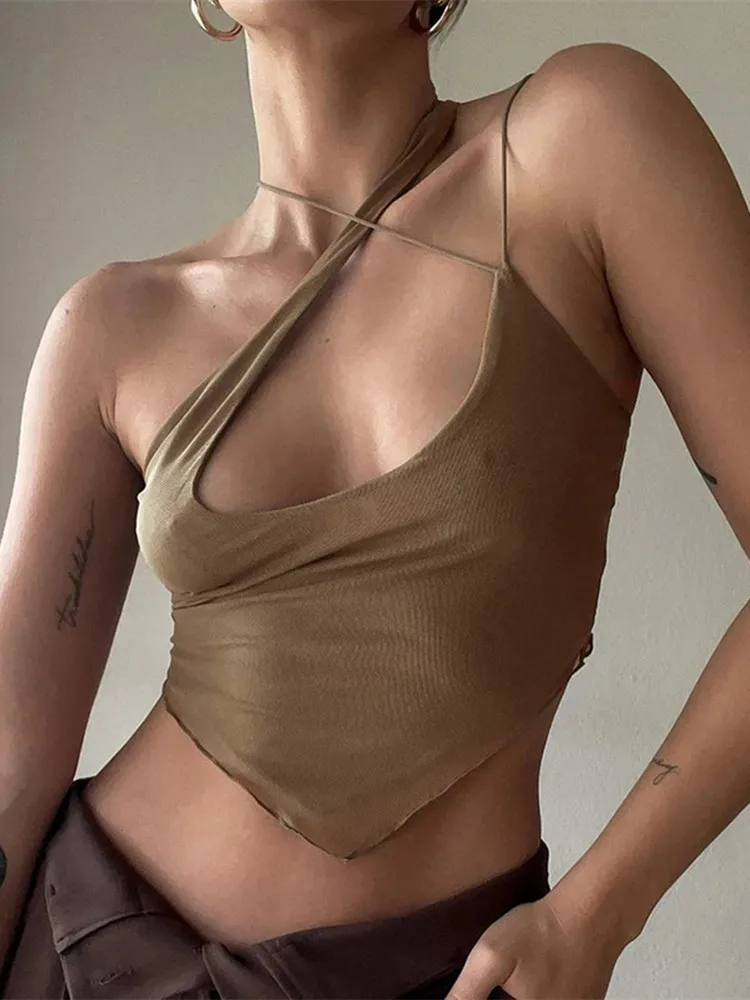 

New Solid Sexy Mesh See Through Cami Crop Top For Women Outfits Party Backless Criss Cross Halter Top Cropped Clothes Summer