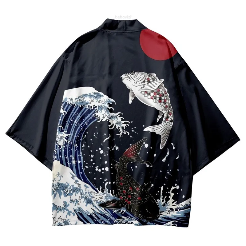 

Japanese Samurai Cardigan Ukiyo-e Wave Carp Print Oversized Haori Women Men Harajuku Kimono Cosplay Tops Blouse Yukata Clothing