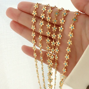 18K Gold Plated Flower Chain Necklaces For Women Blue Oil Drip Gold Color Stainless Steel Choker Flower Chain Bracelets Jewelry