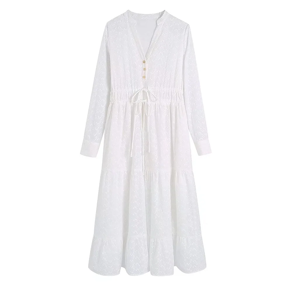 

ZATRHMBM New Fashion Cutout Embroidery Patchwork White maxi dress Single-breasted V-neck lacing chic and elegant woman dresses