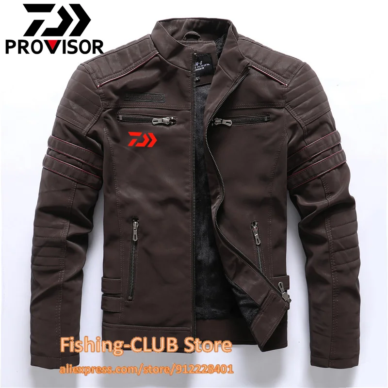 Daiwa Autumn Winter Men's Leathe Fishing Jacket Casual Stand Collar Motorcycle Outwears Men Slim High Quality PU Leather Coats