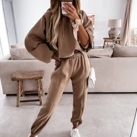 ws womens solid color fashion loose pullover sweatshirt and casual high waist jogger pants hooded sweatshirt two piece