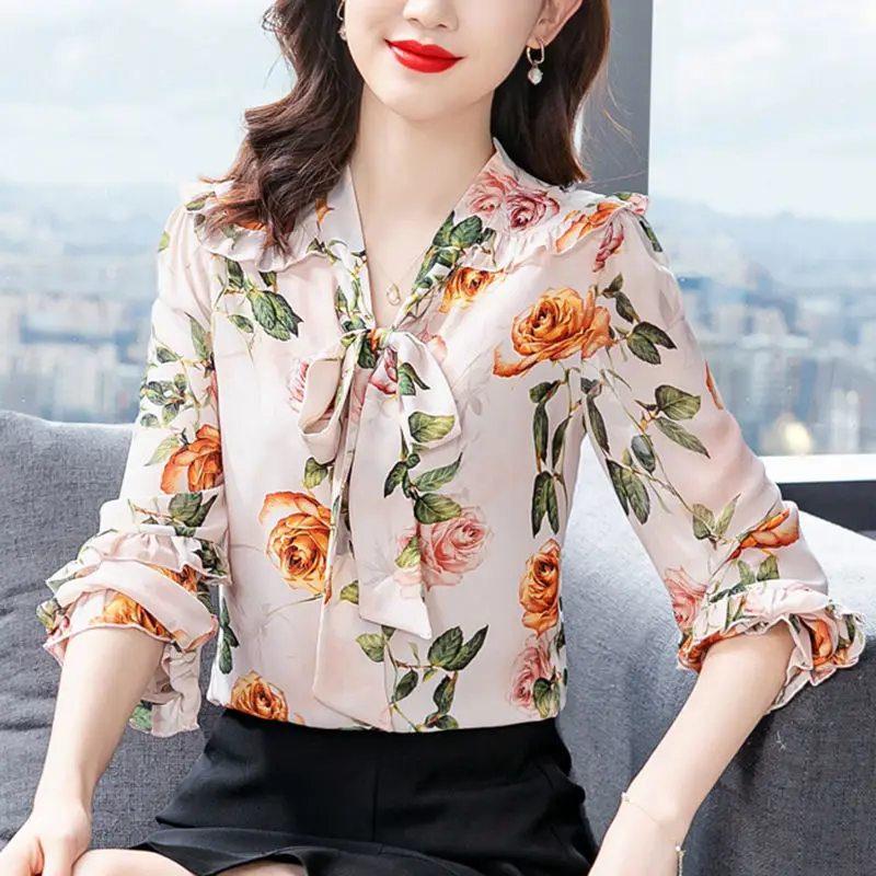 

Floral Print Chiffon Blouses Women Shirt Spring Autumn Long Sleeve Tops Pink Bow Tie Collar Office Fashion Blouse Blusas Mujer