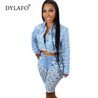 2022 new fashion holes jeans trend hole jacket women 2 piece set sexy full sleeve shorts 2 piece set outfits