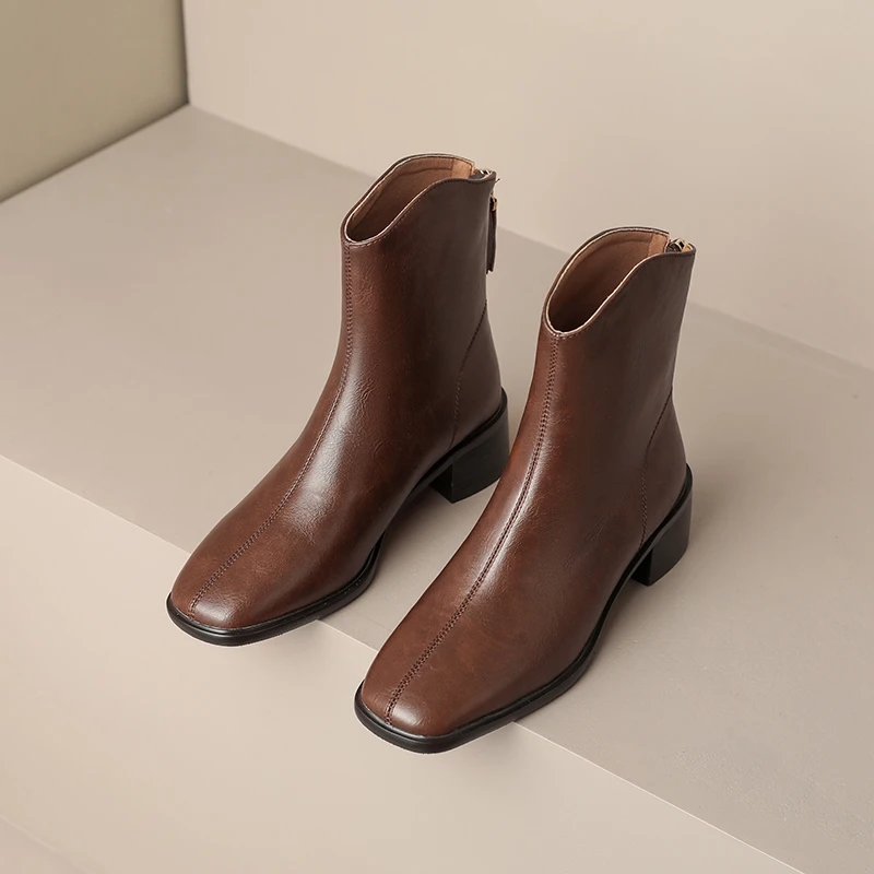MythLuo Pumps Ankle Boots For Women Chunky Heels Boots Cow Leather Square Toe Mid Heels Office Ladies Casual Shoes Retro