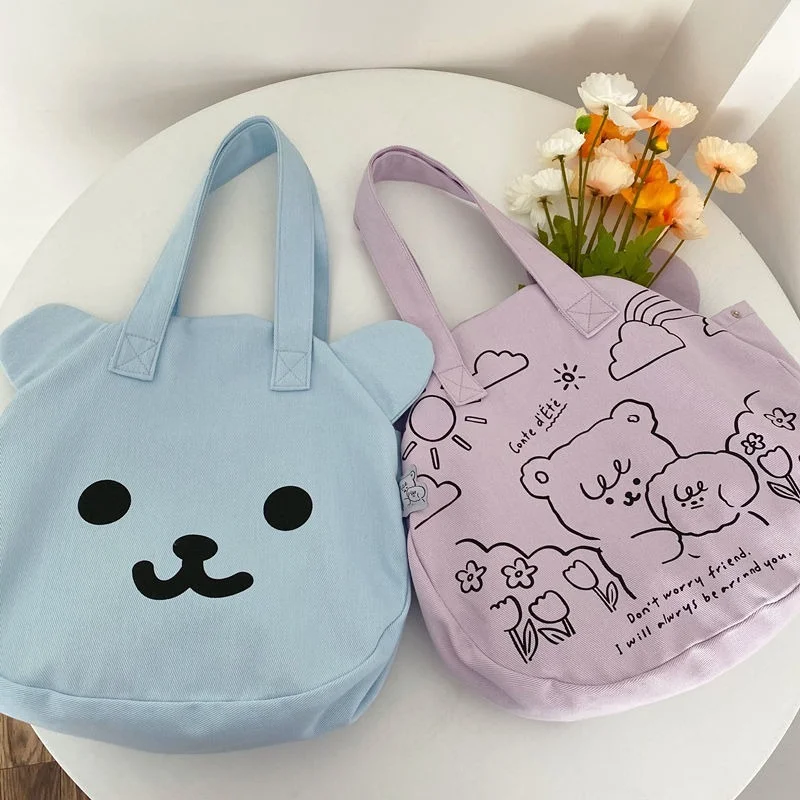 

MBTI Cute Bear Double Sided Print Canvas Shoulder Bag 2022 Summer Korean Version Versatile Large Capacity Tote Bag for Women