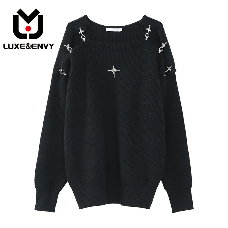 

LUXE&ENVY Men's Knitted Sweater New Autumn Winter Korean Fashion Metal Buckle Design 2023 Solid Color Male Tops 9A5467